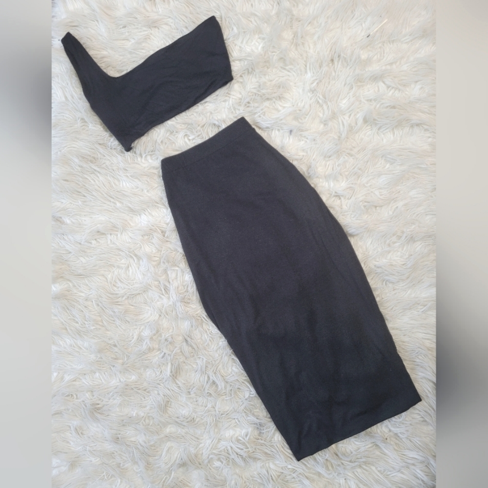 Lux LA Midi Set 2PC Black One Shoulder High Waisted Midiskirt Set - Picture 2 of 6